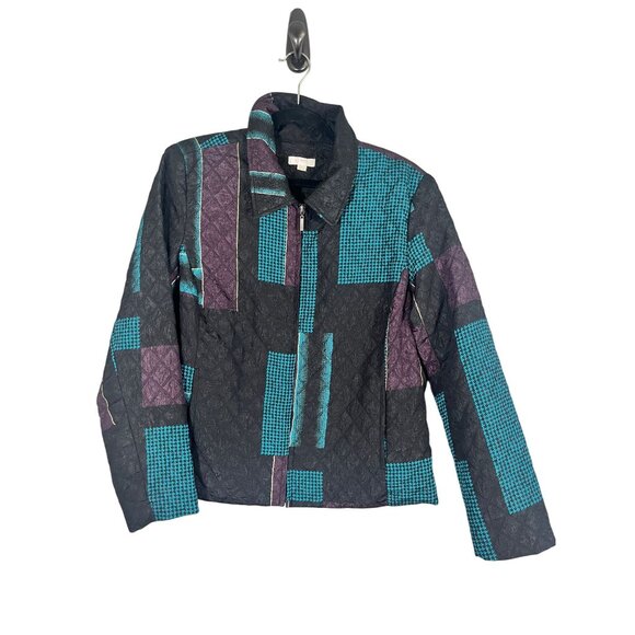 Retro Quilted Puffer Jacket Blue L Geometric Floral Striped 80s Funky Artsy Chic - Picture 1 of 12